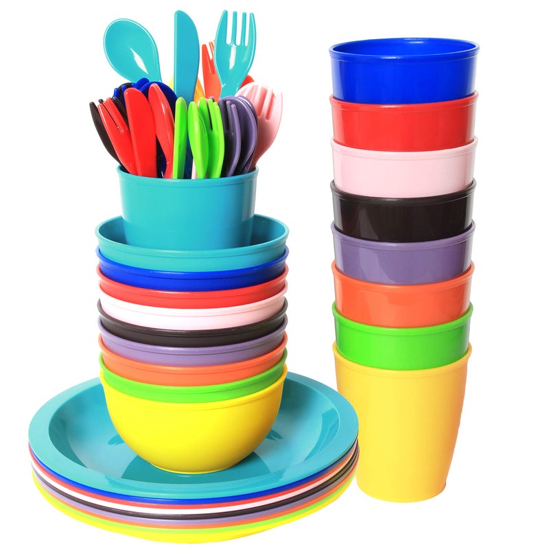 Youngever 54 Pcs Plastic Kids Dinnerware Set of 9 in Assorted Colors, Toddler Dining Set, Cups, Plates, Bowls, Flatware Set, Dishes - Image 1